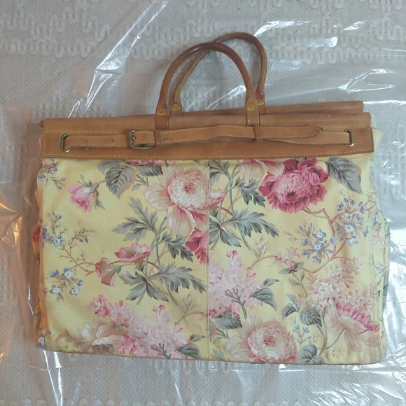Vintage 80's Ralph Lauren Floral Carpet Tapestry Leather Satchel- Travel Bag! - Picture 5 of 16